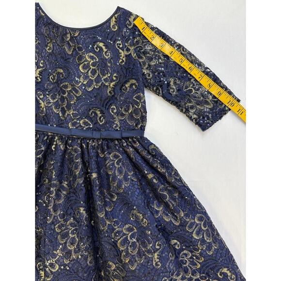 Sweet Kids Girls Blue Gold Lace Long Sleeve Midi Dress Sz 6 USA Formal Holidays - Picture 9 of 11